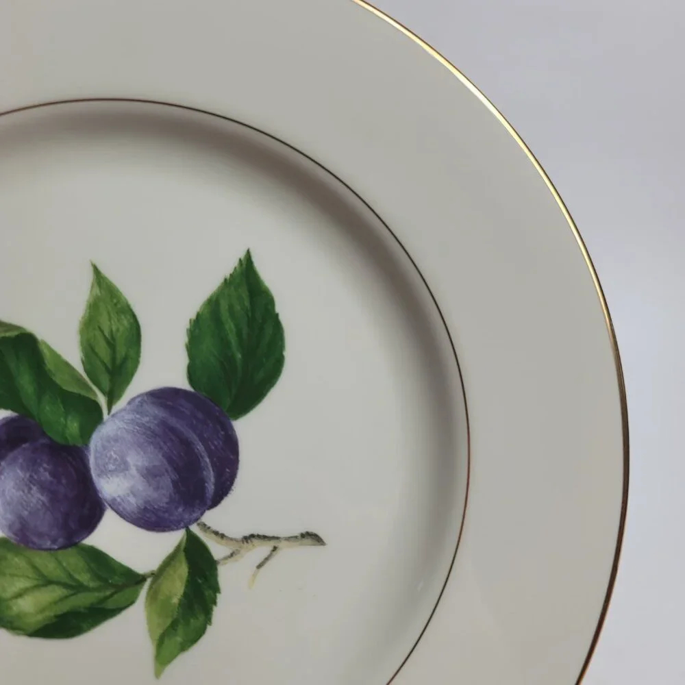 TWO Mikasa Plum Court L3132 Salad Plates White with Purple Plums & Green Leaves